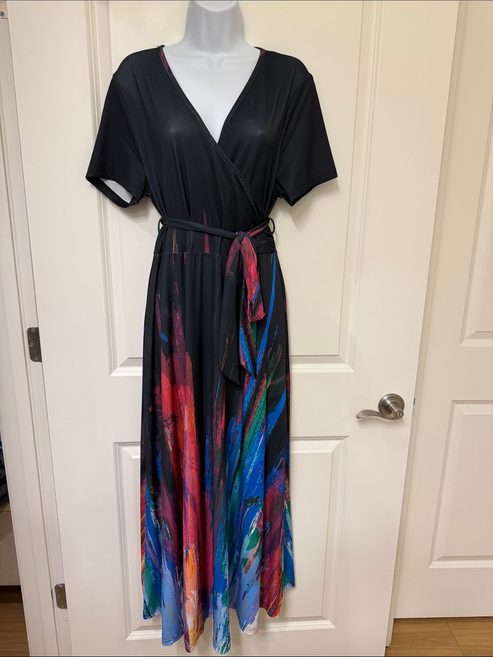 Lily Black Wrap Maxi Dress with Multicolor Brushstroke Skirt